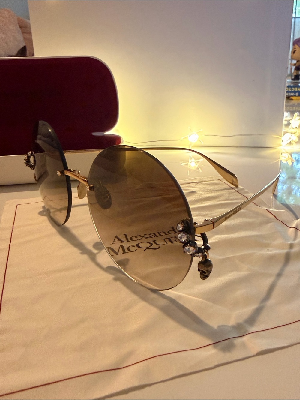 Alexander McQueen Gold Metal Round Sunglasses with Brown Gradient Lenses